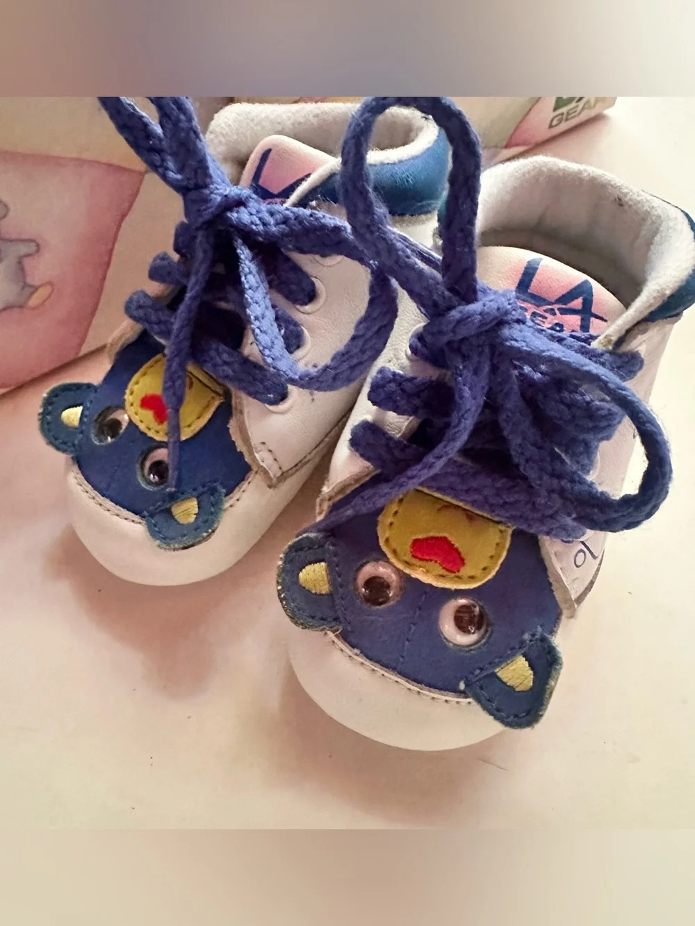 Vtg 90’s LA Gear Cradle Critters Size 1 Baby Shoes Soft Leather Blue Bear Boy